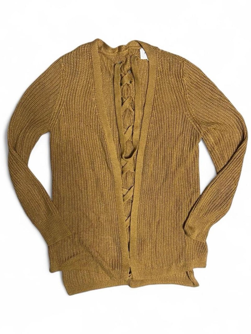 Open-Front Mustard Cable-Detail Knit Cardigan